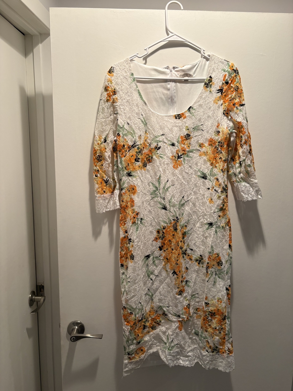 eva mendes for New York & Company White Lace Midi Dress with Yellow Floral Print